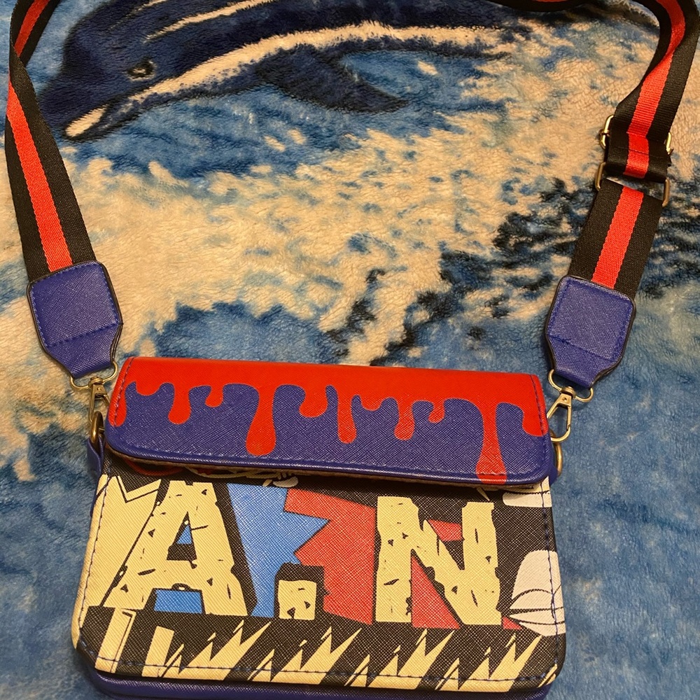 Cute blue and red purse.